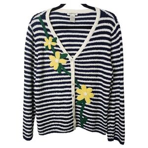 Orvis L Striped Cardigan Sweater Navy White Floral Embroidered V-Neck Coastal